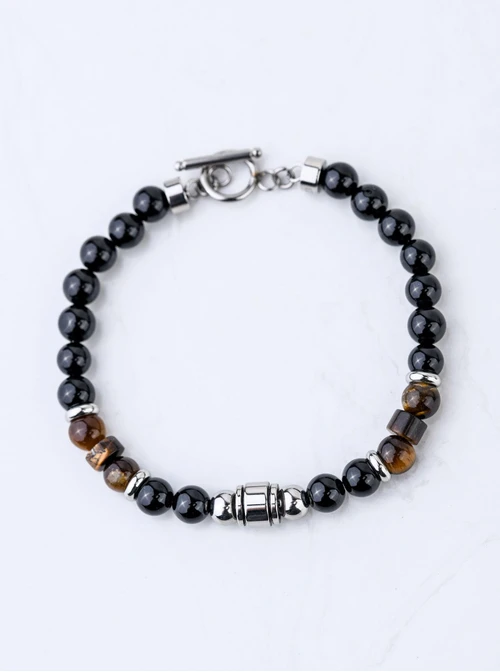 Bransoletka męska, Tygrysie Oko, Obsydian, stal S109216S00