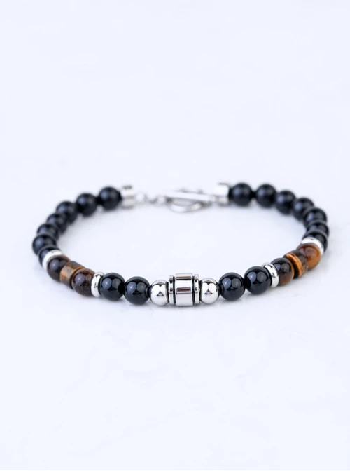 Bransoletka męska, Tygrysie Oko, Obsydian, stal S109216S00