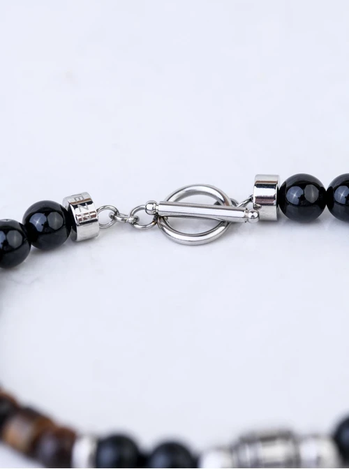 Bransoletka męska, Tygrysie Oko, Obsydian, stal S109216S00