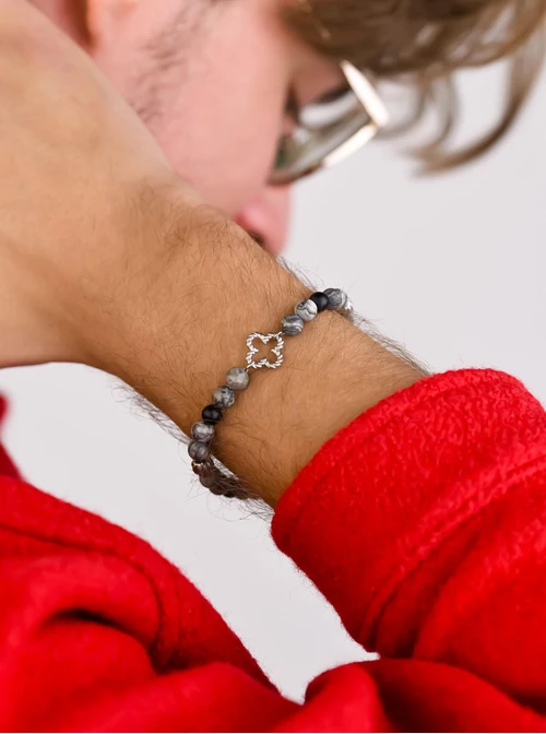 Bransoletka męska, koniczyna, skrzydło, Jaspis, stal S109224S00