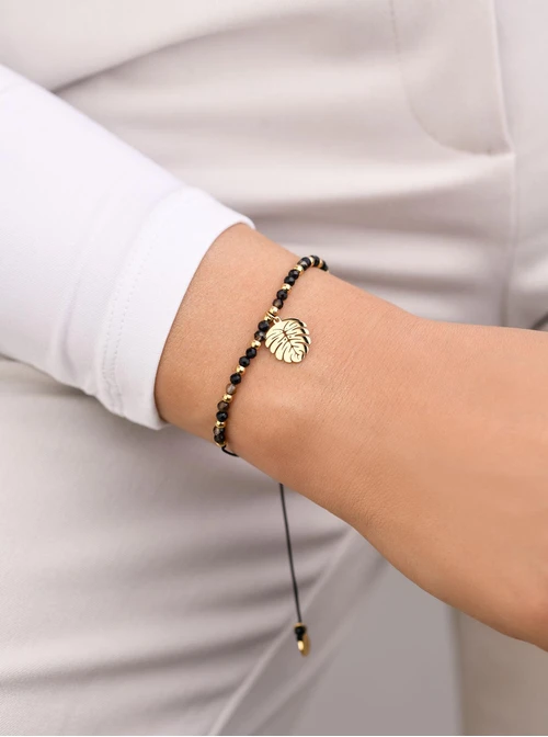 Bransoletka monstera, Czarny Agat, stal pozłacana S108543Z00