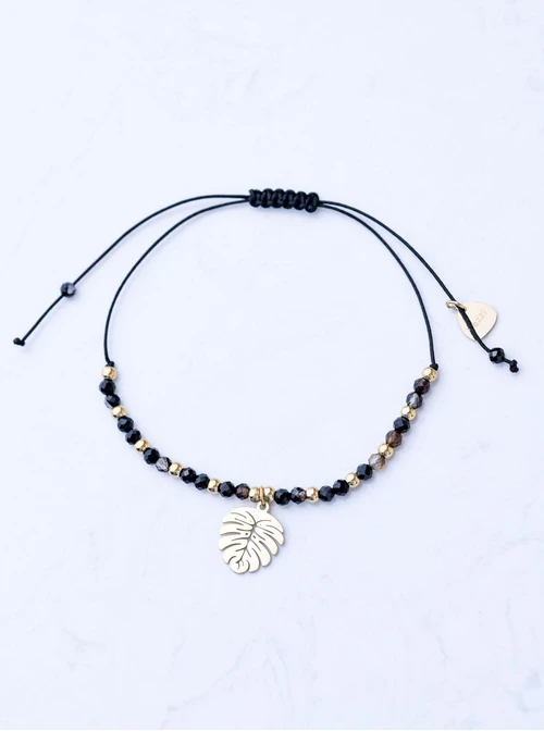 Bransoletka monstera, Czarny Agat, stal pozłacana S108543Z00