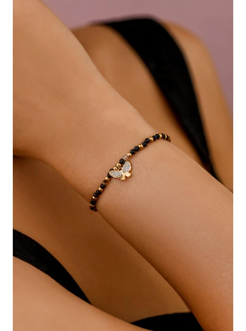 Bransoletka motylek, Agat Kawowy, stal pozłacana S108616Z00