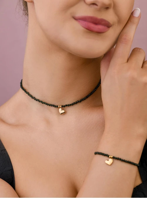 Choker serduszko, Zielony Piaskowiec, stal pozłacana S308690Z00