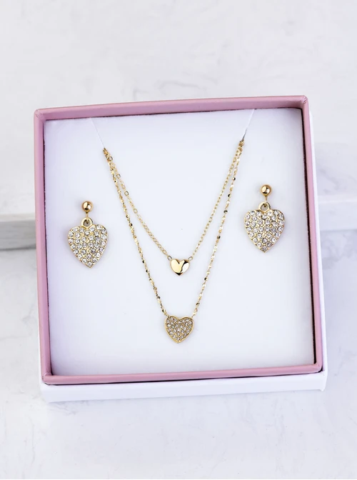 [Zestaw] Naszyjnik podwójny, serduszka, kryształki, złoty S306163Z00