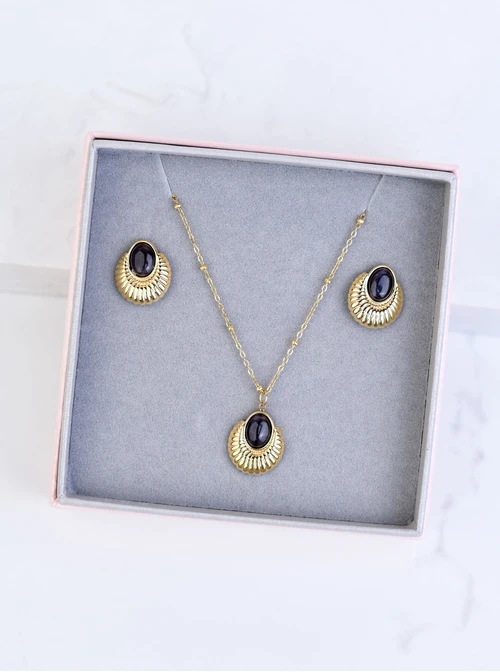 [Zestaw] Naszyjnik długi Czarne Kocie Oko, stal pozłacana S307510Z01