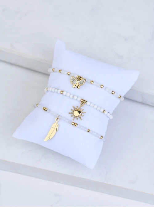 [Zestaw] Bransoletka motylek, Kamień księżycowy, stal pozłacana S108610Z00