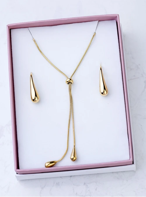 [Zestaw] Naszyjnik krawatka, kropelki, stal pozłacana S308358Z00