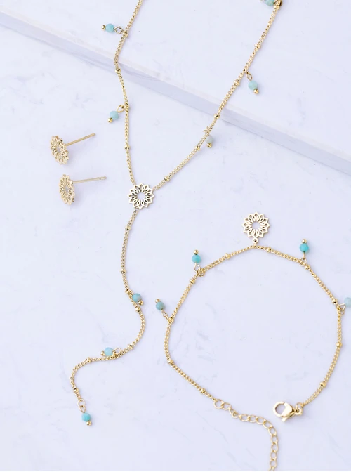 [Zestaw] Naszyjnik krawatka, Rozeta Vezzi, Amazonit, stal pozłacana S308340Z00