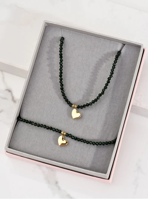 [Zestaw] Choker serduszko, Zielony Piaskowiec, stal pozłacana S308690Z00