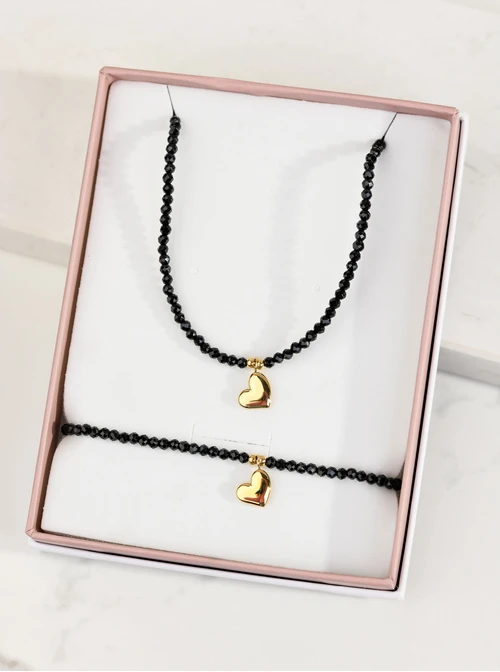 [Zestaw] Choker serduszko, Onyks, stal pozłacana S308692Z00