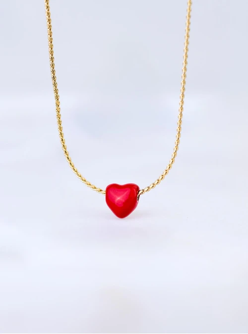 Naszyjnik czerwone serduszko, stal pozłacana S308133Z03