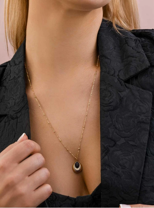 Naszyjnik długi Czarne Kocie Oko, stal pozłacana S307510Z01