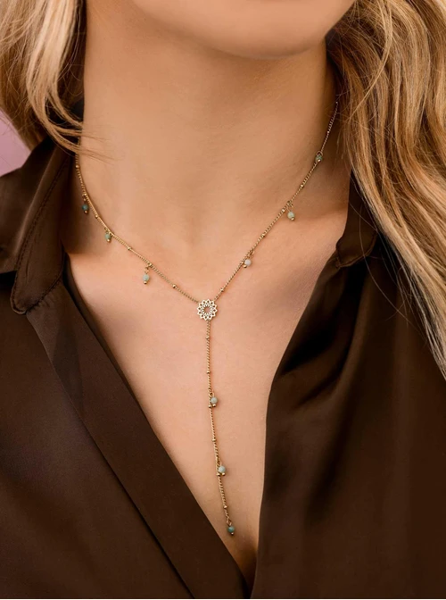 Naszyjnik krawatka, Rozeta Vezzi, Amazonit, stal pozłacana S308340Z00