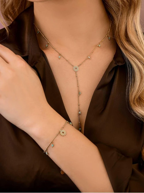 Naszyjnik krawatka, Rozeta Vezzi, Amazonit, stal pozłacana S308340Z00