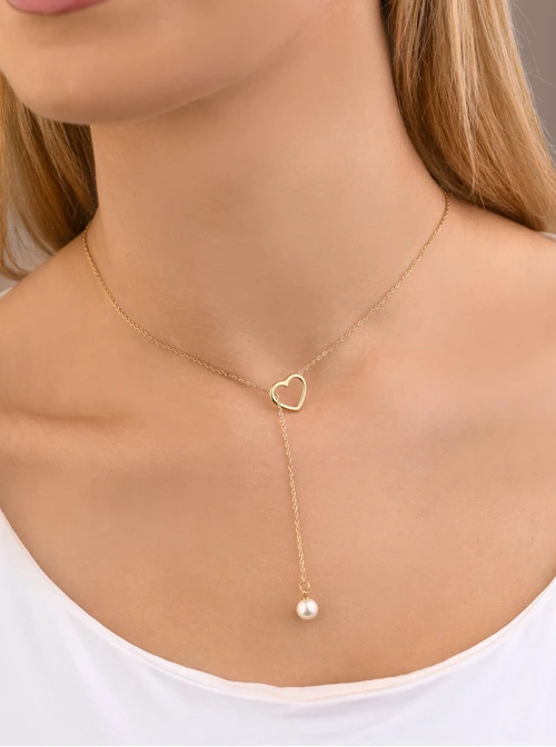Naszyjnik krawatka, serduszko, perełka, stal pozłacana S308471Z00