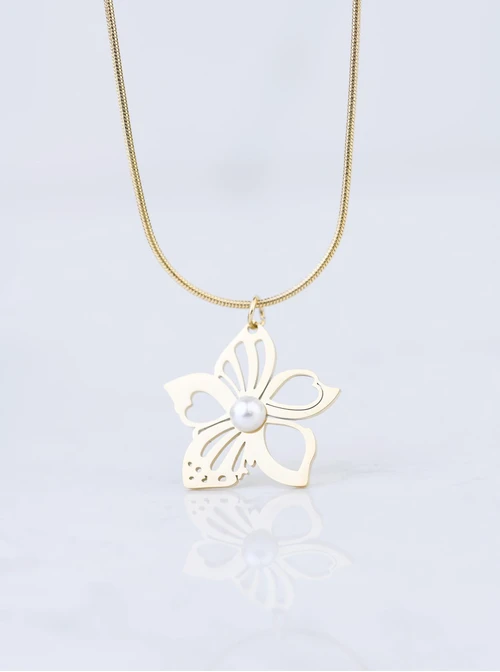 Naszyjnik kwiat z perełką, stal pozłacana S308448Z00