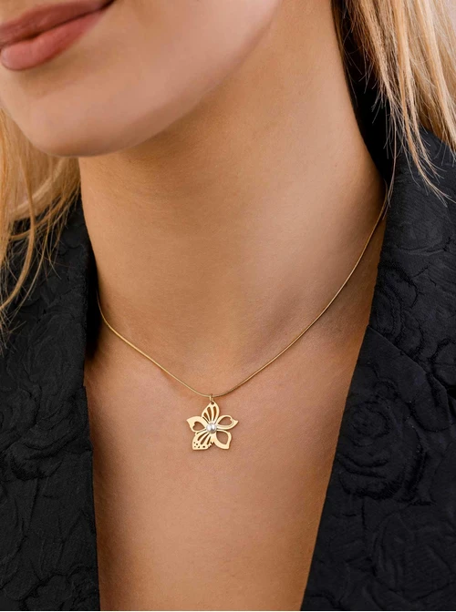 Naszyjnik kwiat z perełką, stal pozłacana S308448Z00