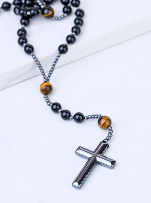 Naszyjnik męski, krzyż, Agat, Tygrysie Oko, stal S309325S01