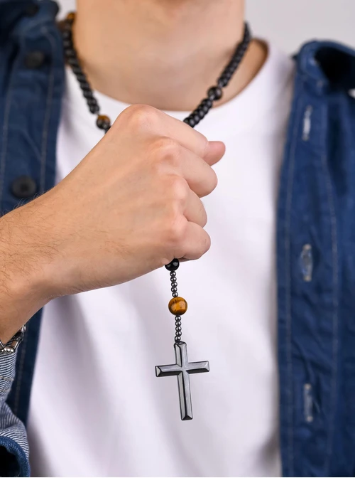 Naszyjnik męski, krzyż, Agat, Tygrysie Oko, stal S309325S01