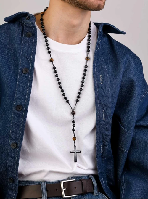 Naszyjnik męski, krzyż, Agat, Tygrysie Oko, stal S309325S01