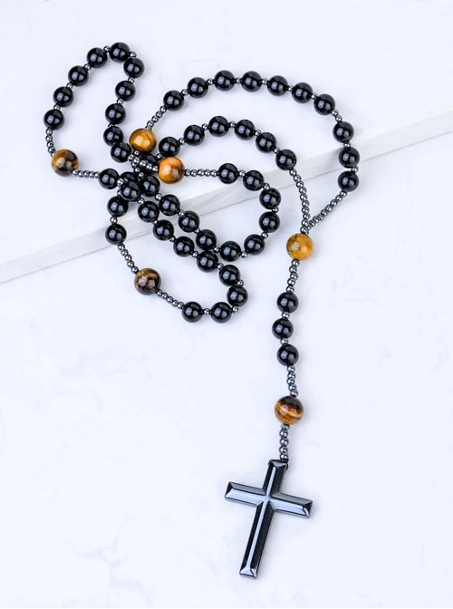 Naszyjnik męski, krzyż, Agat, Tygrysie Oko, stal S309325S01