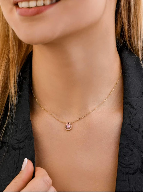 Naszyjnik z różowymi kryształkami, stal pozłacana S307522Z06