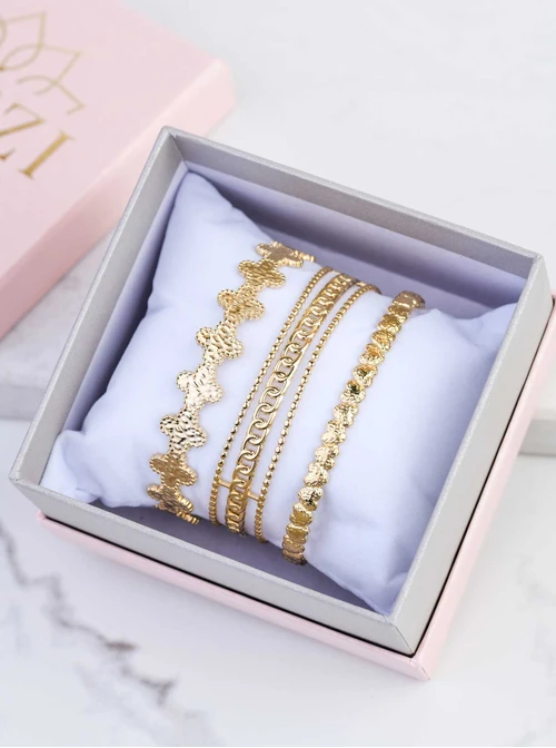 [Zestaw] Bransoletka sztywna, koniczynki, stal pozłacana S109105Z00