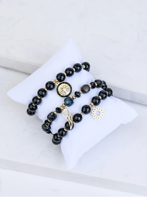 [Zestaw] Bransoletka drzewko, Obsydian, stal pozłacana S108332Z01