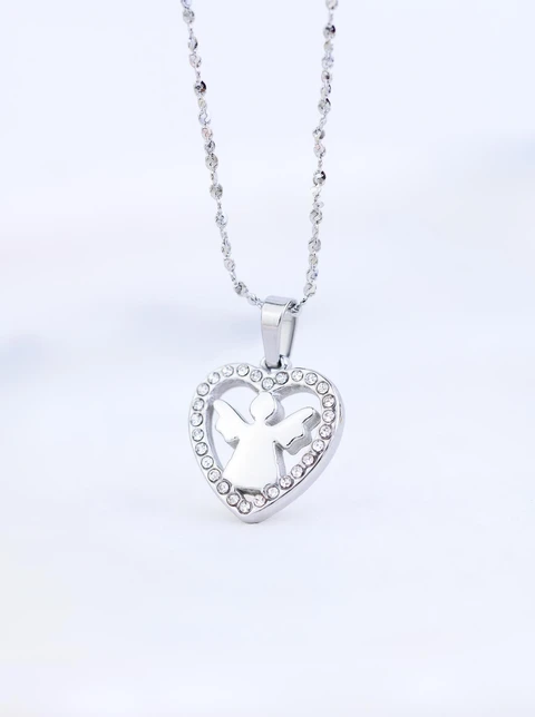 Naszyjnik Aniołek, serce z kryształkami, stal S309550S00