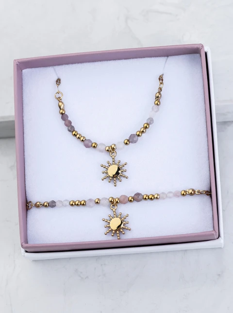 [Zestaw] Naszyjnik słoneczko, Kunzyt, stal pozłacana S308830Z00