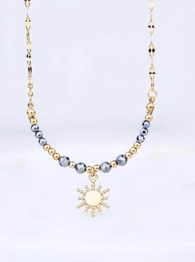 [Zestaw] Naszyjnik słoneczko, Hematyt, stal pozłacana S308833Z00