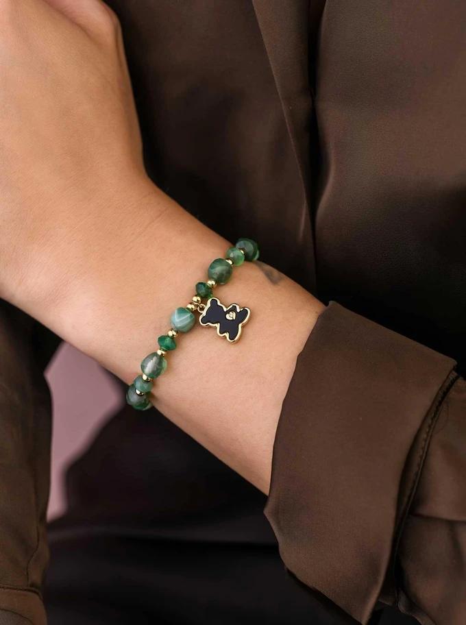 Bransoletka Miś, Zielony Agat, stal pozłacana S108936Z00