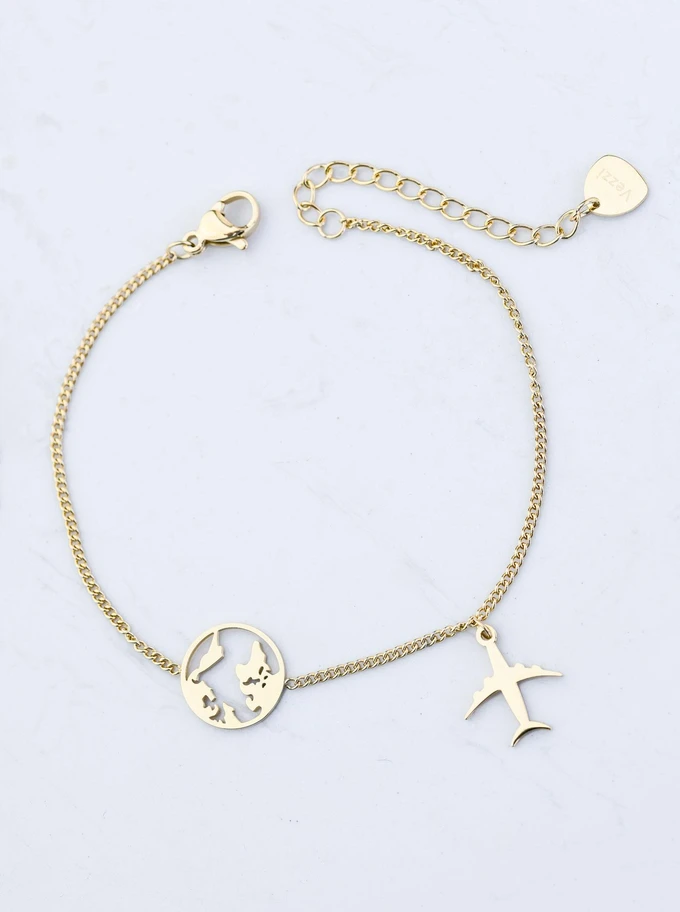 Bransoletka mapa świata, samolot, stal pozłacana S109511Z00