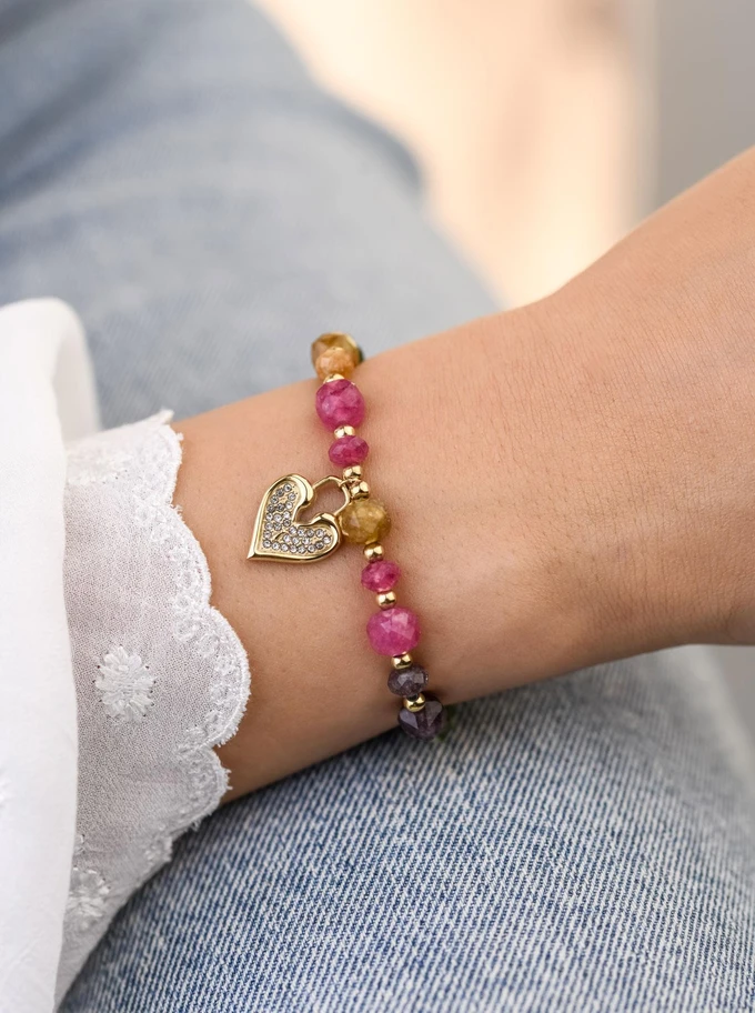 Bransoletka serduszko, Agat, stal pozłacana S108927Z00