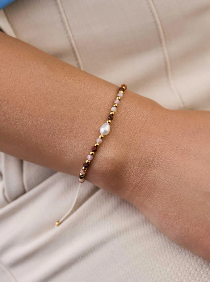 Bransoletka z perełką, Agat, stal pozłacana S108516Z00