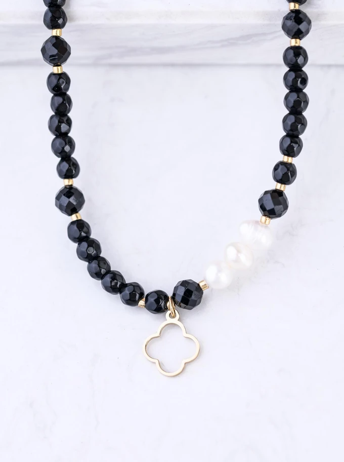 Choker koniczynka, perełki, Obsydian, stal pozłacana S309418Z01