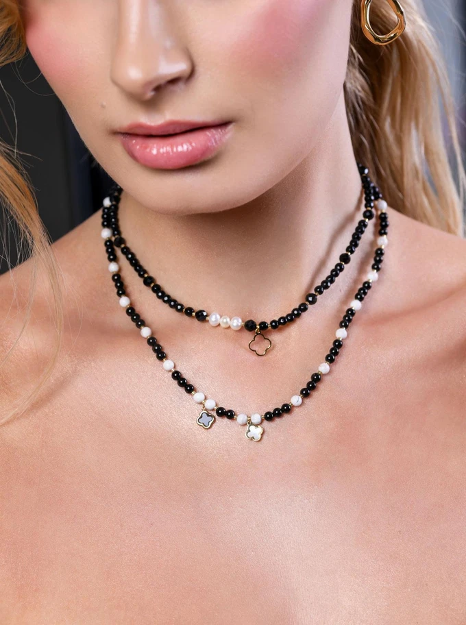 Choker koniczynka, perełki, Obsydian, stal pozłacana S309418Z01