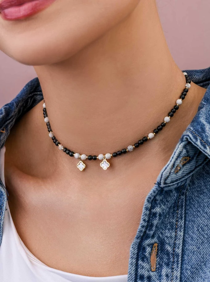 Choker koniczynki, Obsydian, stal pozłacana S309420Z01
