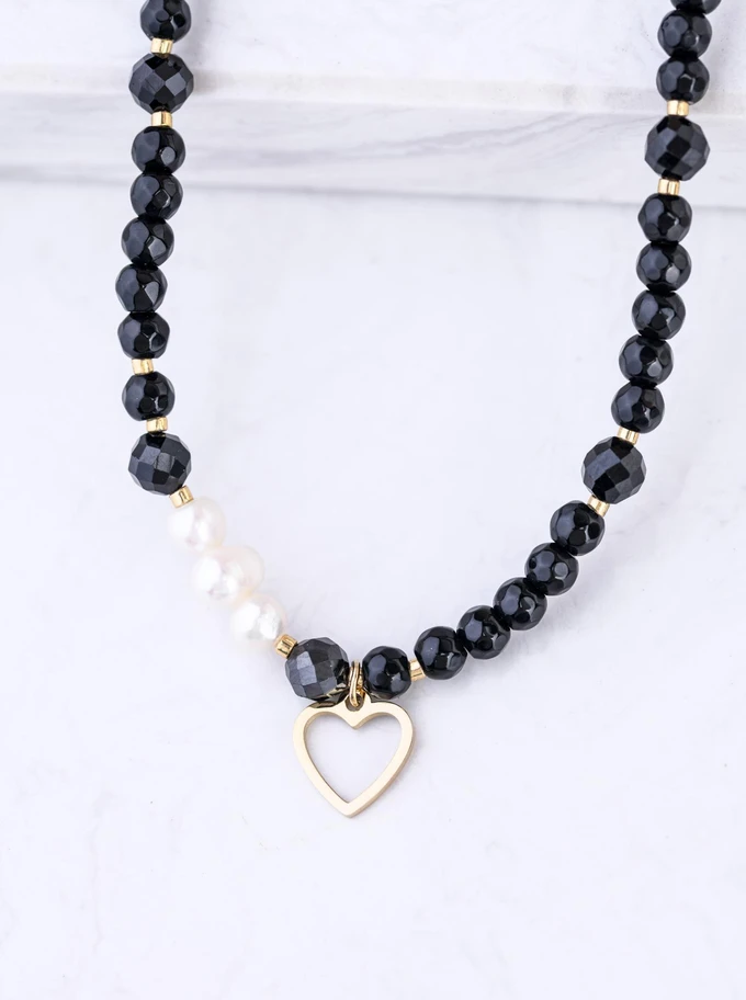 Choker serduszko, perełki, Obsydian, stal pozłacana S309416Z01
