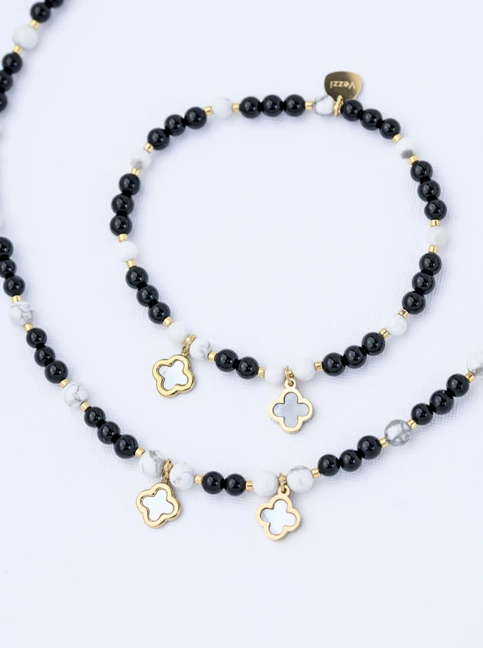 [Zestaw] Choker koniczynki, Obsydian, stal pozłacana S309420Z01