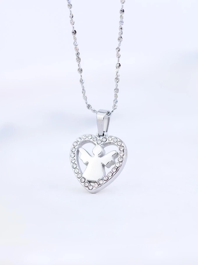 Naszyjnik Aniołek, serce z kryształkami, stal S309550S00