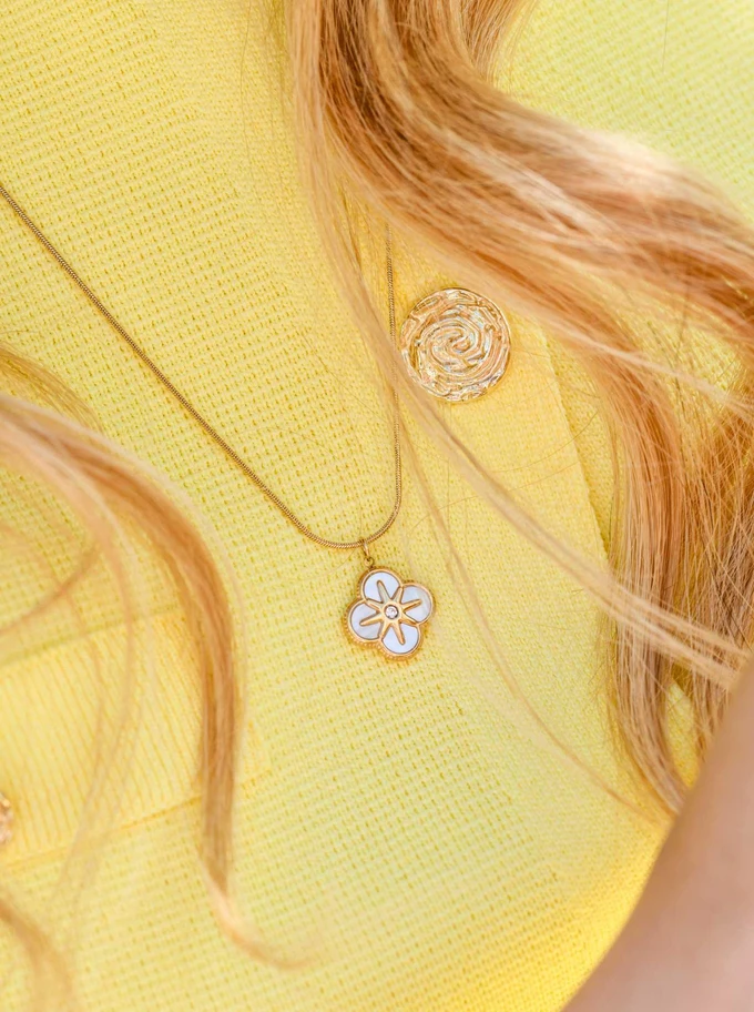 Naszyjnik długi, perłowa koniczynka, stal pozłacana S309491Z02