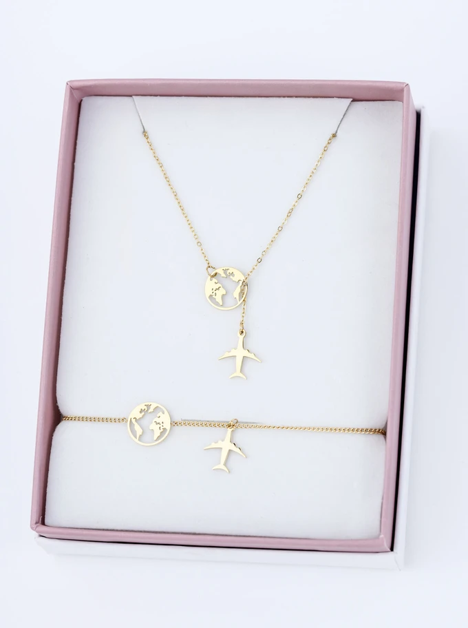 [Zestaw] Naszyjnik mapa świata, samolot, stal pozłacana S309509Z00