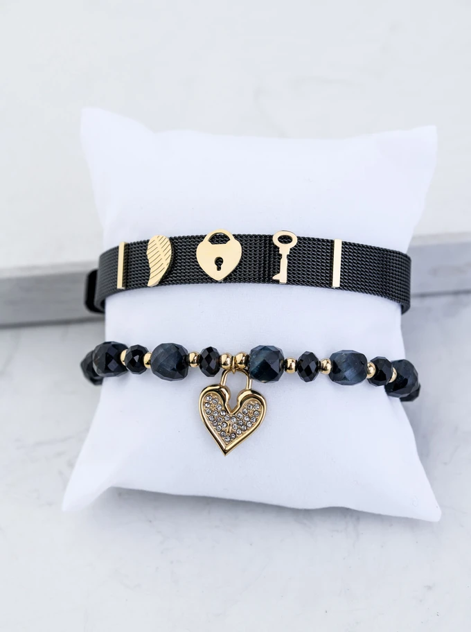 [Zestaw] Bransoletka serduszko, Szafir, stal pozłacana S108913Z00