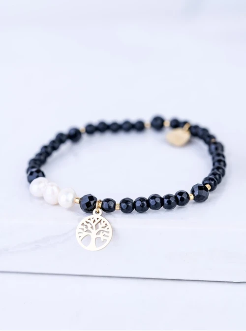 [Zestaw] Bransoletka drzewko, perełki, Obsydian, stal pozłacana S109363Z00