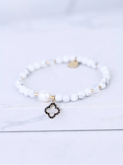 [Zestaw] Bransoletka koniczynka, perełka, Howlit, stal pozłacana S109395Z01