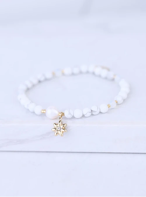 [Zestaw] Bransoletka koniczynka, perełki, Obsydian, stal pozłacana S109360Z01