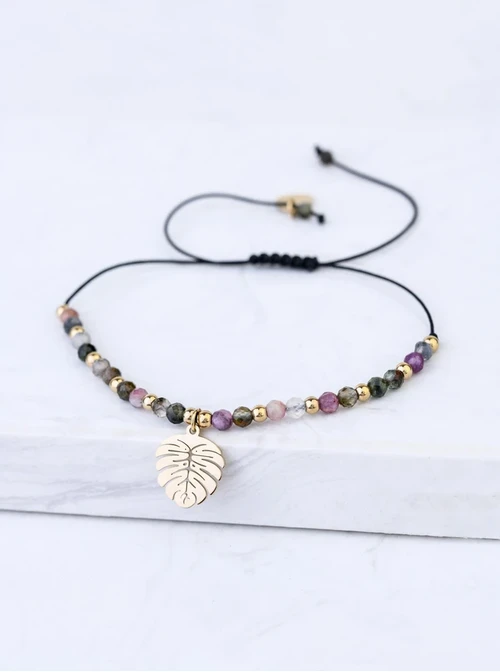 [Zestaw] Bransoletka monstera, Turmalin, stal pozłacana S108542Z00