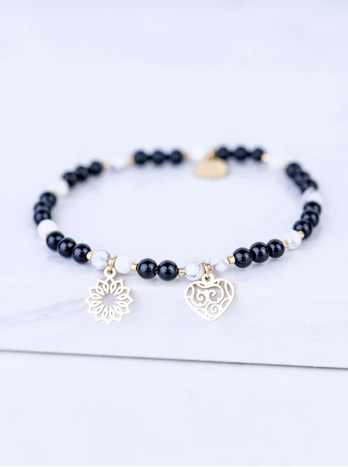 [Zestaw] Bransoletka serduszko, skrzydełko, Obsydian, stal pozłacana S109380Z01